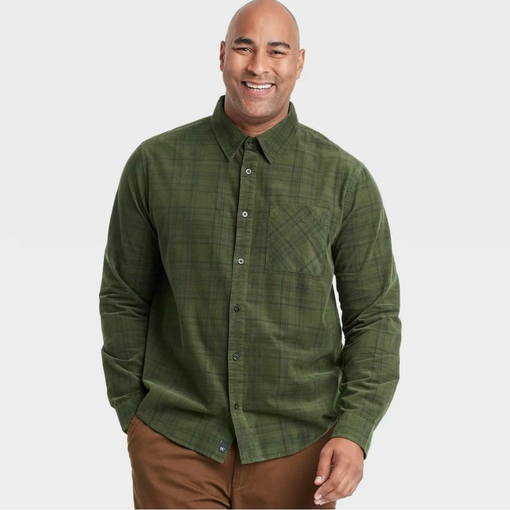 Houston White Men’s Small Corduroy Plaid Long Sleeve Button-Down Shirt Green